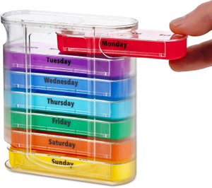 Colorido dispensador semanal de pastillas cuatro veces al día con compartimentos apilables