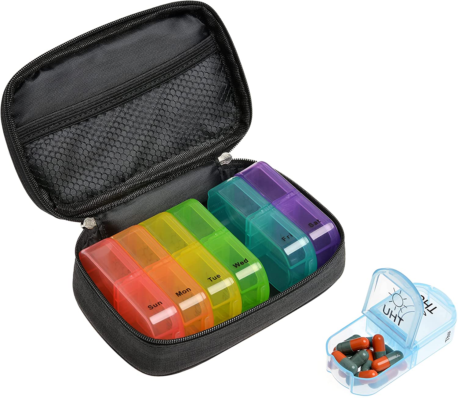 Bonito organizador de pastillas de viaje de lona para 7 días con bolsa con cremallera